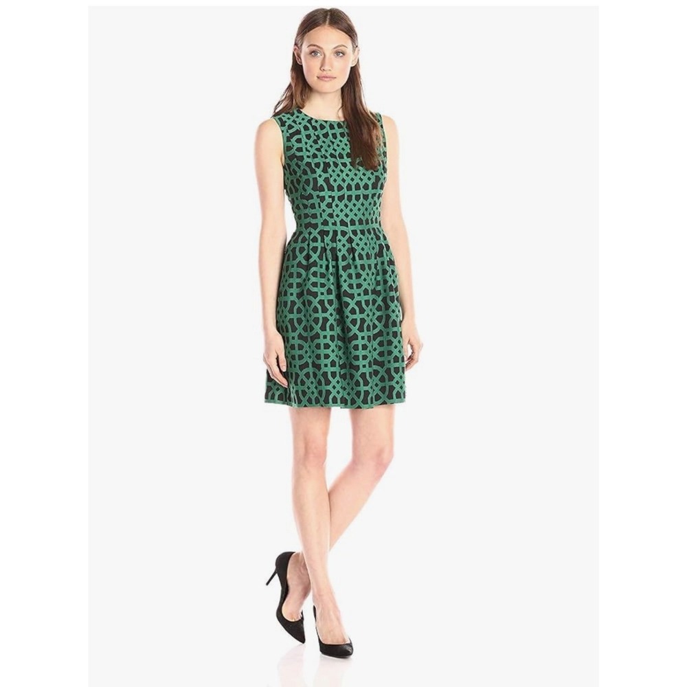 Anne Klein Green Black Lattice Pattern Fit and Flare Dress Womens Size 14 NWT